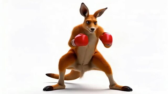 Muscular Kangaroo Character Wearing Red Boxing Gloves in Fighting Pose Isolated on White Background