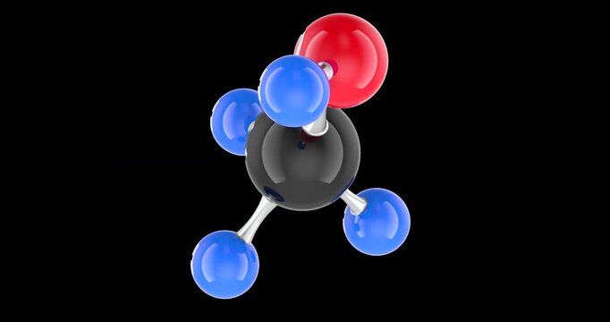 Methanol molecule ball and stick model, rotation animation seamlessly loopable. 3D rendering isolated on transparent background