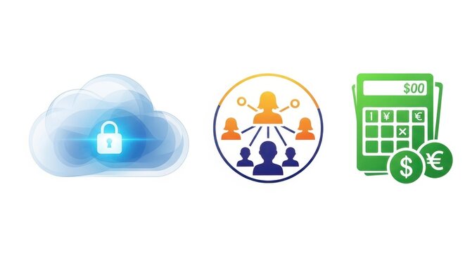 Businessman interacting with colored floating  icons that represents Secure cloud based HR management system centralizing employee records and payroll processing for international corporate entities