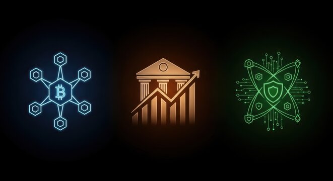 Businessman interacting with colored floating  icons that represents Futuristic fintech ecosystem visualizing the convergence of traditional banking and decentralized digital asset management