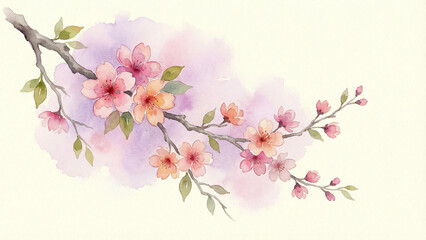 Naklejka premium Watercolor cherry blossom flowers in corner with purple wash on cream spring background