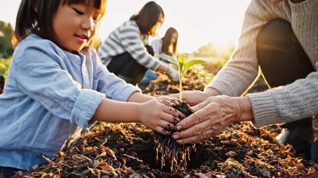 Gardening Multigenerational Family Planting a Small Green Sprout Together into Rich Soil During a Sunny Day in an Organic Community Farm to Promote Sustainable Living and Environmental Care