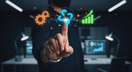 Businessman interacting with colored floating icons that represents Strategic mergers and acquisitions portal visualizing synergy potential and financial integration paths for corporate expansion