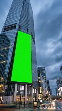 Vertical green screen billboard on modern skyscraper at dusk time lapse, ai generated