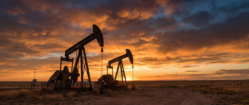 Oil pumpjacks silhouetted against a dramatic sunset sky