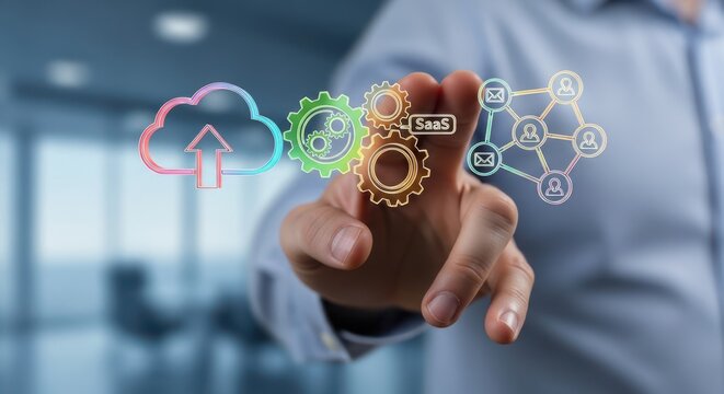 Businessman interacting with colored floating  icons that represents Cloud based enterprise architecture diagram illustrating the integration of SaaS applications into unified corporate workflows
