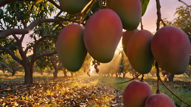 Mango Orchard at Sunset - A Bountiful Harvest of Tropical Fruit.