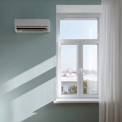 Fototapeta premium White wall air conditioner above window with sheer curtains sunlight casting geometric shadows on muted green wall in a bright minimalist room with an outside city view