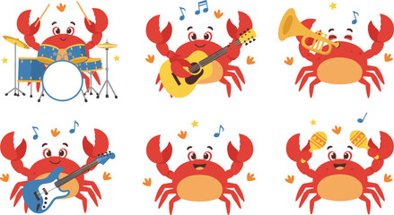 Fototapeta premium Colorful cartoon crabs playing musical instruments with joyful expressions, whimsical marine band illustration featuring fun decorative elements