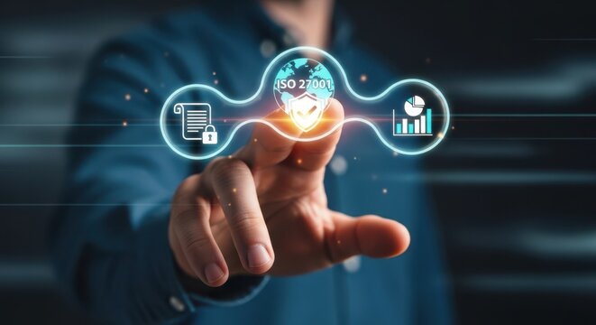 Businessman interacting with colored floating  icons that represents Cybersecurity compliance dashboard tracking adherence to ISO 7001 standards and other international data protection regulations