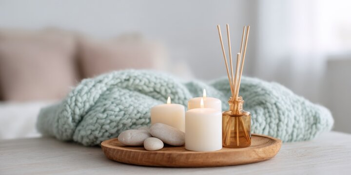 Reed diffuser candles stones wooden tray with cozy knit blanket in a neutral living room spa decor bathed in soft natural light for relaxation
