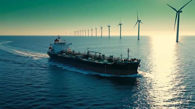 Cargo ship navigates through calm waters past wind turbines, showcasing renewable energy integration in maritime transport and sustainable practices in the ocean