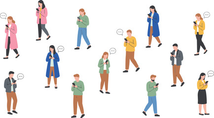 Naklejka premium Colorful vector illustration of diverse people using smartphones symbolizing digital communication, technology dependence, and modern social interaction