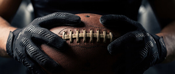 Athlete holding american football ball with black gloves
