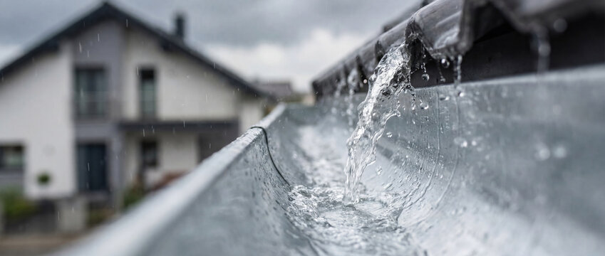 Rainwater flowing from roof gutter during heavy storm