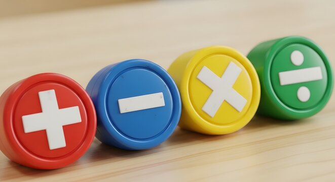 Bright 3D buttons featuring common mathematical symbols plus, minus, multiply, and divide, neatly arranged on a wooden background, representing arithmetic education and problem-solving