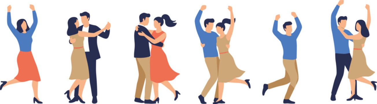 Colorful vector illustration of joyful people dancing in pairs and solo poses wearing semi-formal clothing celebrating rhythm and movement