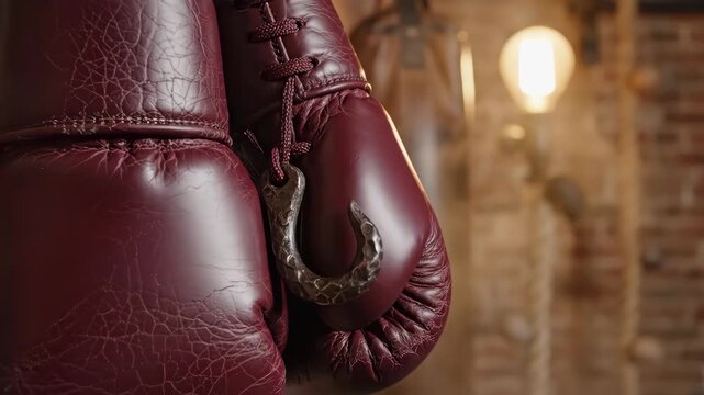 Vintage Boxing Gloves Hanging on Brick Wall with Punching Bag.