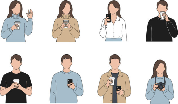 Minimalist vector illustration of diverse people holding coffee cups, smartphones, and camera in casual modern lifestyle activities