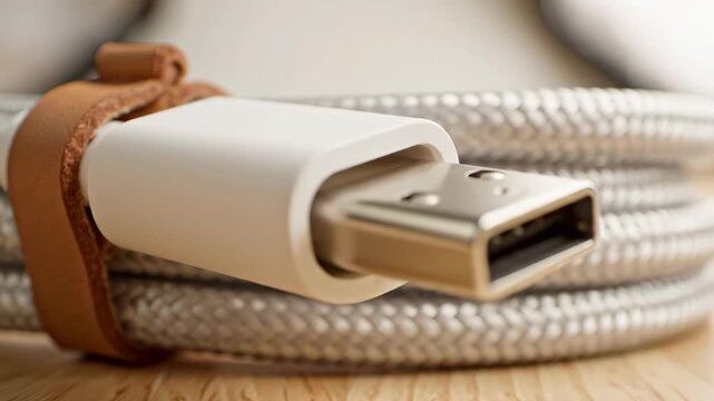 Close-up of a coiled USB charging cable with a leather strap.