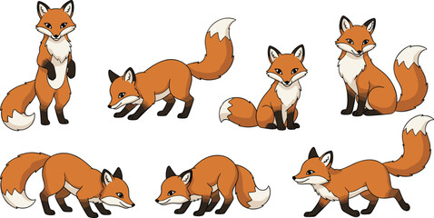 Fototapeta premium Vector illustration of six red fox characters in different poses, showcasing expressive body language, cartoon style, wildlife and character design