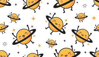 Whimsical cartoon planets with rings, smiling faces, arms, and legs in joyful seamless cosmic pattern on white background © Mossadessur Rahman