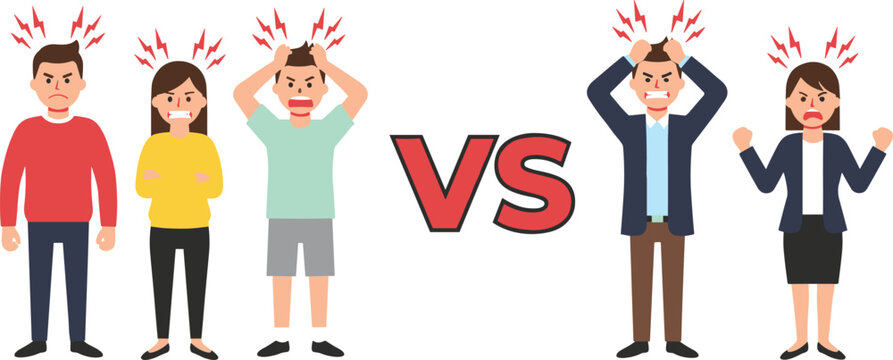 Vector illustration of two angry groups facing conflict with versus symbol, expressing frustration, emotions, confrontation, and competitive comparison design