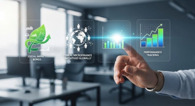 Businessman interacting with colored floating  icons that represents Sustainable finance dashboard tracking the performance of social impact bonds and ethical microfinance initiatives globally