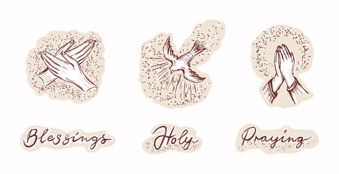 Hand drawn christian blessing icon set with praying hands, holy spirit dove. Isolated editable black and white vector sticker illustration set. Religious easter holy week church prayer card design