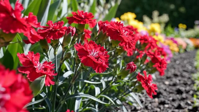 Beautiful red flowers blooming in a garden on a sunny day.