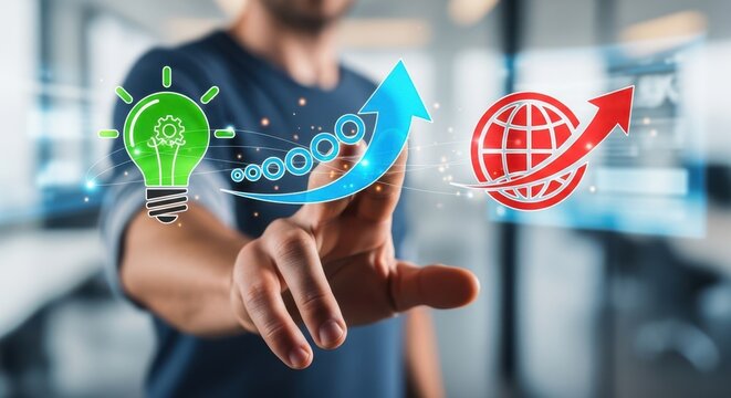 Businessman interacting with colored floating  icons that represents Executive innovation portal tracking the lifecycle of new product development from ideation to global market launch