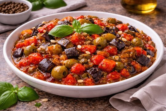 Sizilianische Caponata mit Auberginen, Tomaten, Oliven und Kapern
Traditionelle sizilianische Caponata mit Auberginen, Tomaten, Oliven und Kapern, mediterran und rustikal serviert.
