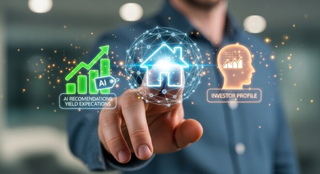 Businessman interacting with colored floating  icons that represents PropTech property search engine featuring AI driven recommendations based on investor risk profiles and yield expectations