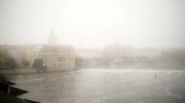 Amazing Foggy View On Bridge And Historical Prague: A Mysteriously Captivating Scene