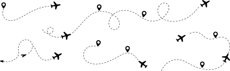 Airplane flight path silhouette illustration, stylized dashed lines with location markers and aircraft icons, aviation travel theme, vector art, black isolated bold design © Asib