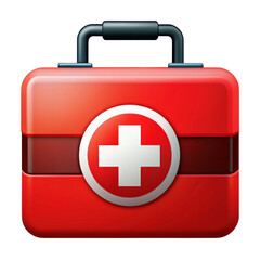 Fototapeta premium Red first aid kit box with a white medical cross symbol and a black handle for emergencies.