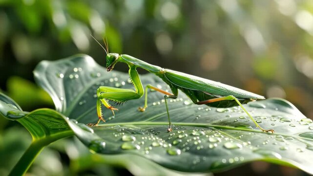 Close-up of a green praying mantis on a wet leaf in nature.