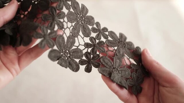Close-up of hands holding and inspecting floral deep green embroidered lace trim with a floral pattern. The video showcases the intricate stitching, scalloped edges, perfect for fashion design