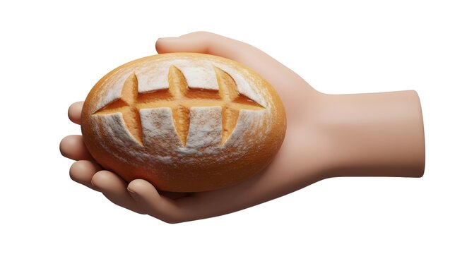 Wholesome fresh baked bread roll held gently in a welcoming cartoon hand, symbolizing nourishment, comfort, and the simple joy of food delivery or sharing