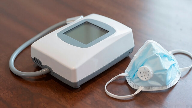 Modern spirometer and medical mask on a polished dark wood table