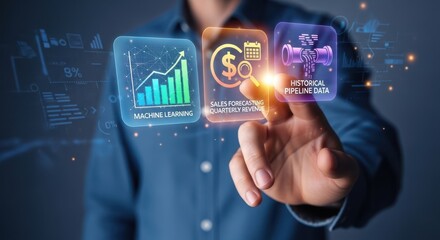 Businessman interacting with colored floating icons that represents Intelligent sales forecasting interface using machine learning to predict quarterly revenue based on historical pipeline data