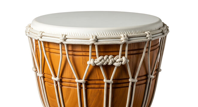 Closeup of a traditional wooden djembe drum with white rope isolated on white background