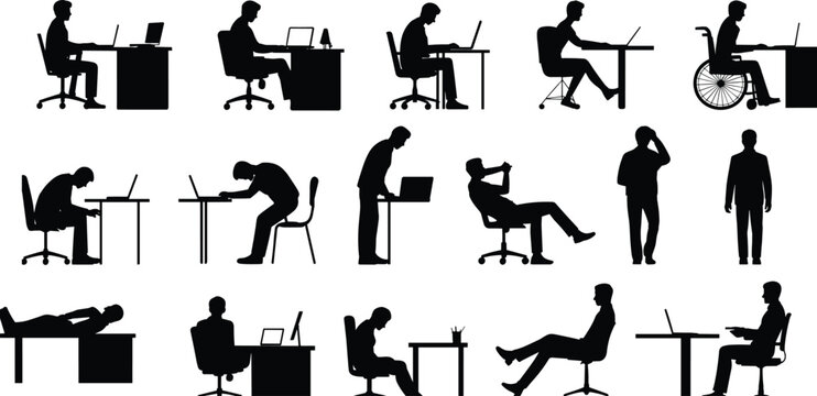 Office silhouette illustration, sixteen diverse icons of people working at desks with computers in varied postures, workplace ergonomics theme, vector art, black isolated bold design