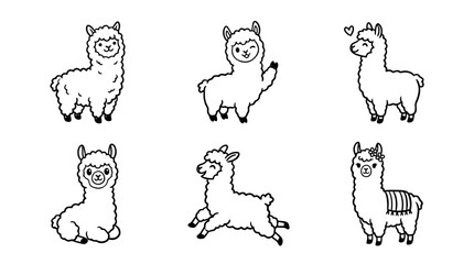 Fototapeta premium alpaca line vector set. black color sketches style on white background. Vector illustration.