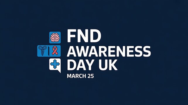 FND Awareness Day UK March 25 text and icons on dark blue background