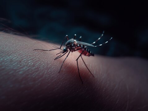 Mosquito perched on human hand, ready to bite. Close-up and zoomed image captures intricate details of insect's proboscis for blood sucking.