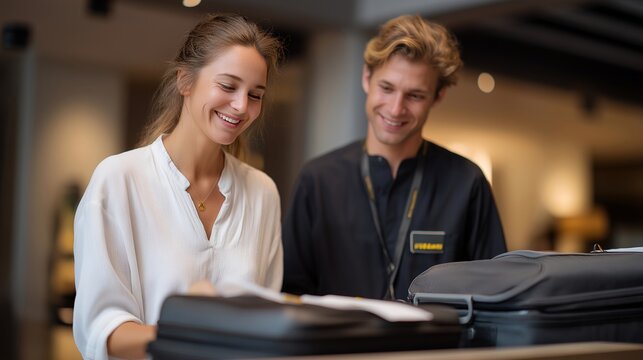 Ultra-low-cost carrier check-in desk with agents charging fees for every carry-on item while passengers repack belongings into compliant dimensions using tape and scissors, perfect for budget