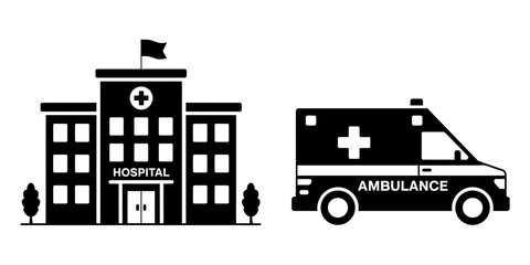 Obraz premium Hospital building with ambulance vehicle parked outside medical facility
