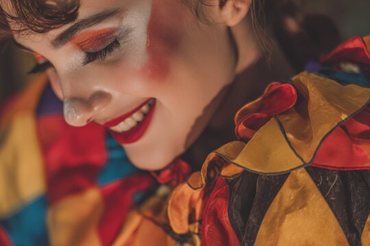 Joyful clown with vibrant makeup and a colorful costume, ready to entertain at a circus or party.