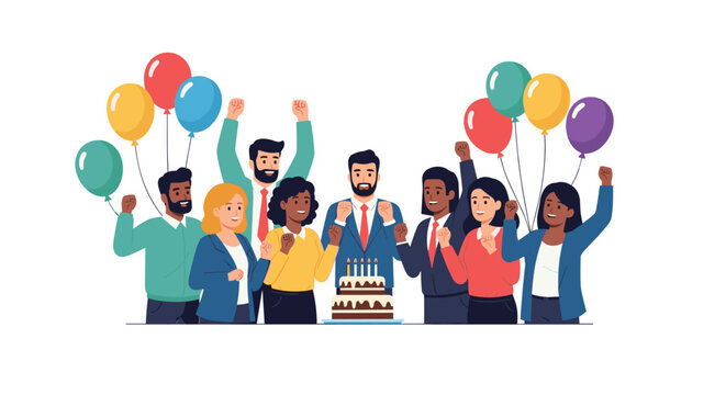 A diverse group of ten illustrated people celebrates a birthday with balloons and a multi-tiered cake against a plain white background.